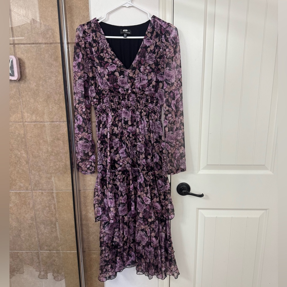 💜 Lucy Paris Purple & Black Floral Dress – Size Medium 💜